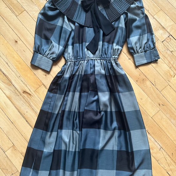 benee Dresses & Skirts - Vintage Blue and Black Plaid Midi Dress with pleated Bow Collar